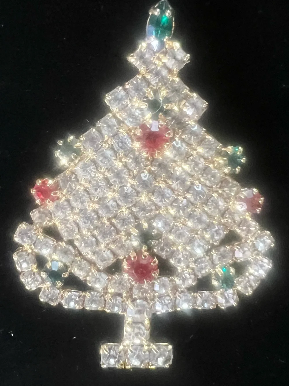 Vintage Crystal Rhinestone Christmas Tree Brooch with Red and Green Accents